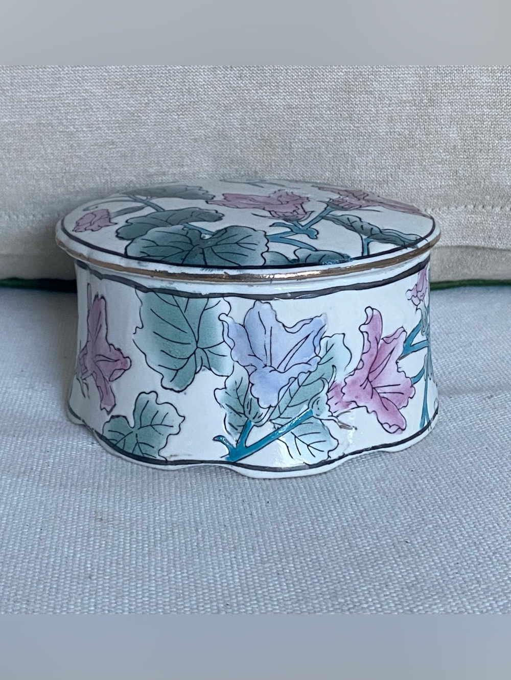 Cottagecore Vintage Porcelain Lidded Trinket Dish Morning Glory Flowers